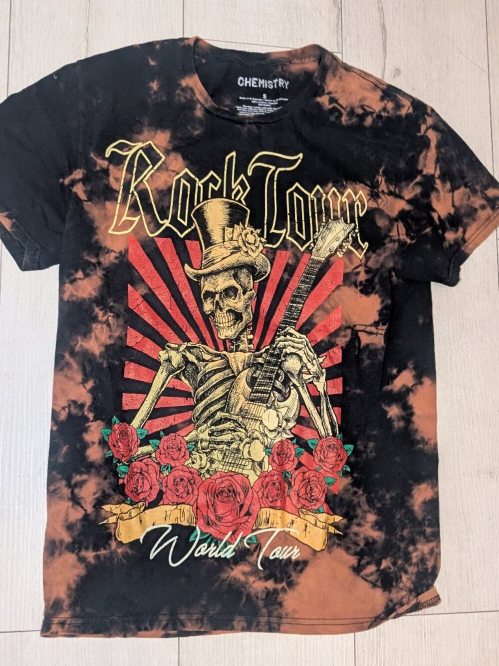 Chemistry Skeleton Roses Men T-Shirt Sz S Black Tie Dye Rock Love World Tour